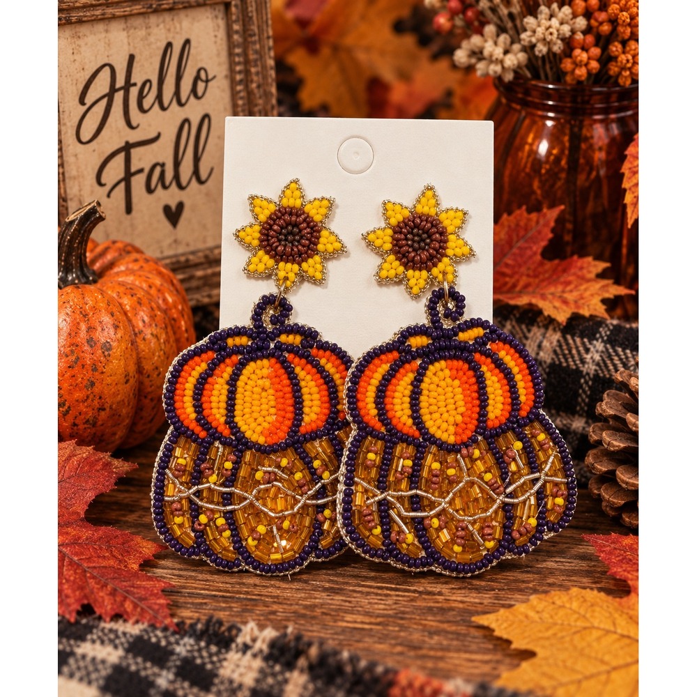 Sunflower Pumpkin Seed Bead Earrings Fall Thanksgiving Statement Earrings